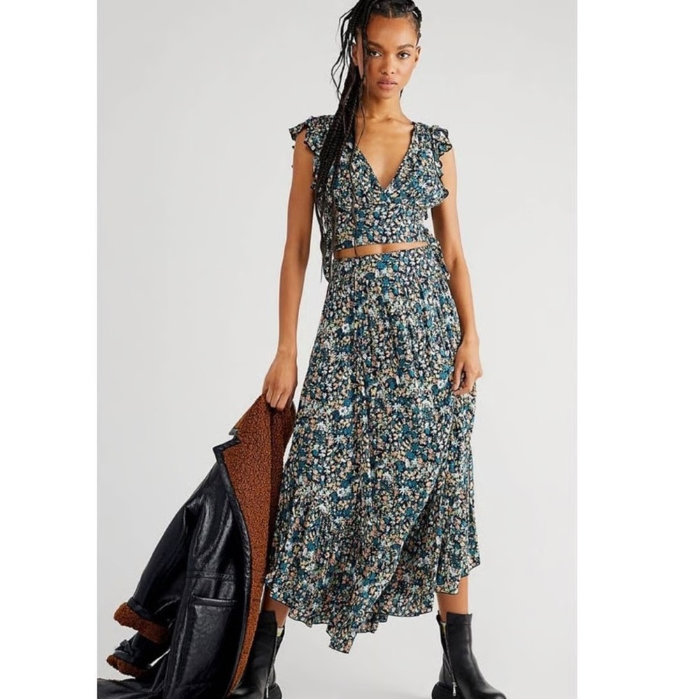 Free People Floral Midi Skirt Set - Navy and Cream